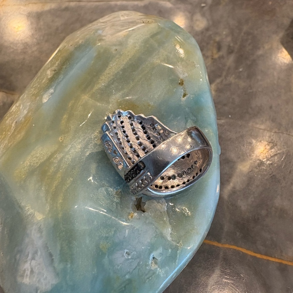 LARGE GENUINE Diamond Art Deco Ring White Black Diamonds Sz 7 925 Sterling S - Picture 16 of 16